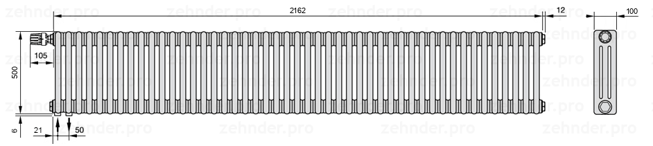 Схема (чертеж) Радиатор Zehnder Charleston 3050/47 №V001 Белый глянцевый RAL 9016